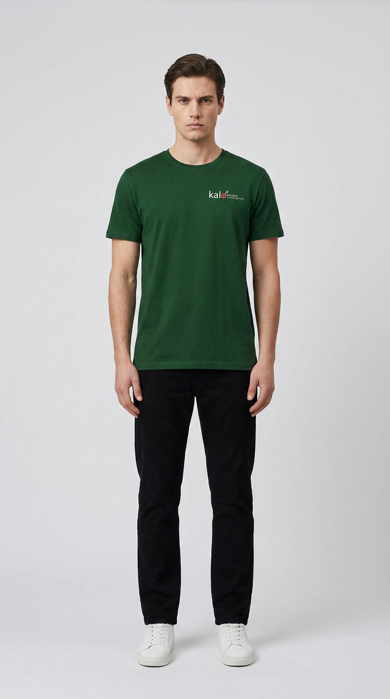 Mand i grøn t-shirt med logo, sorte bukser og hvide sneakers mod en lys baggrund.