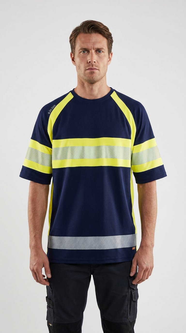 Mand i mørkeblå high-vis t-shirt med gule paneler og refleksstriber mod en hvid baggrund.