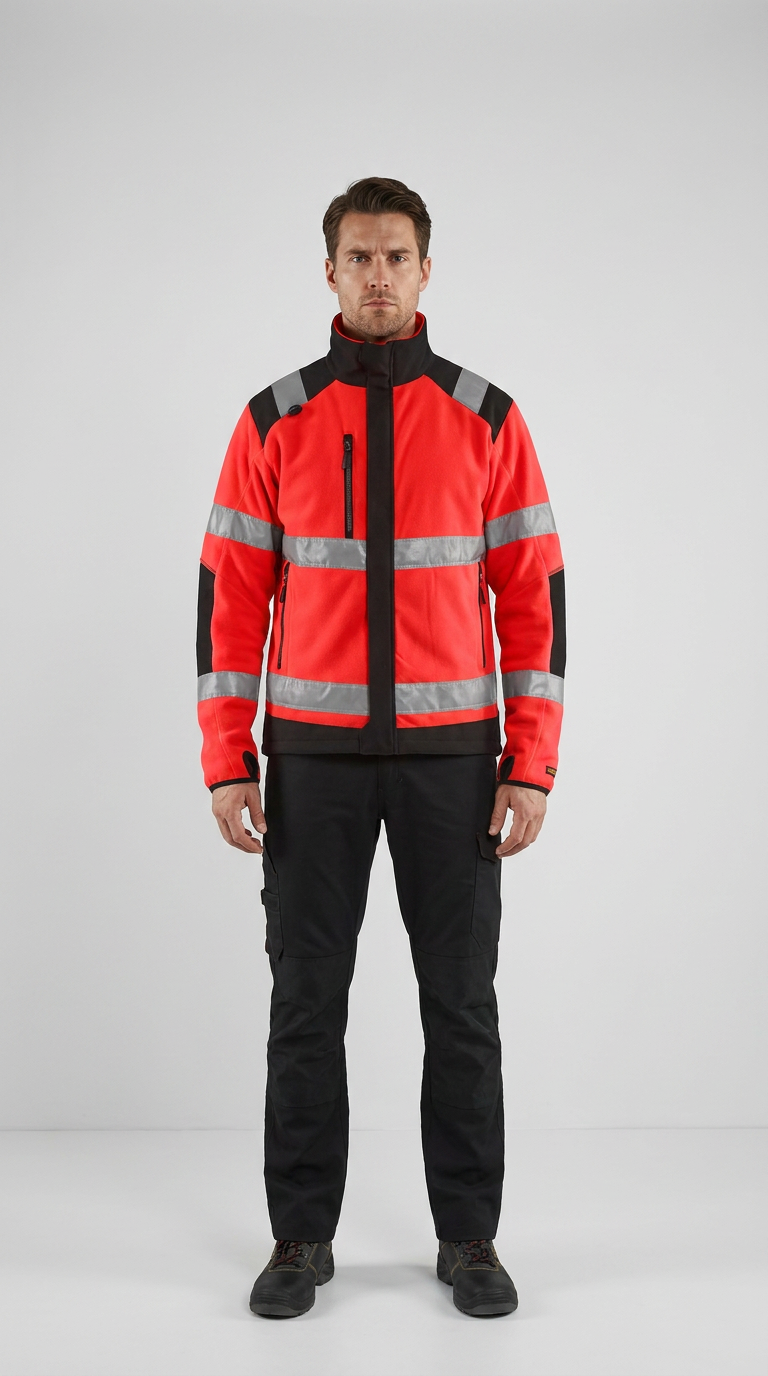 Mand i rød high-visibility fleecejakke med refleksstriber og sorte arbejdsbukser på en grå baggrund.
