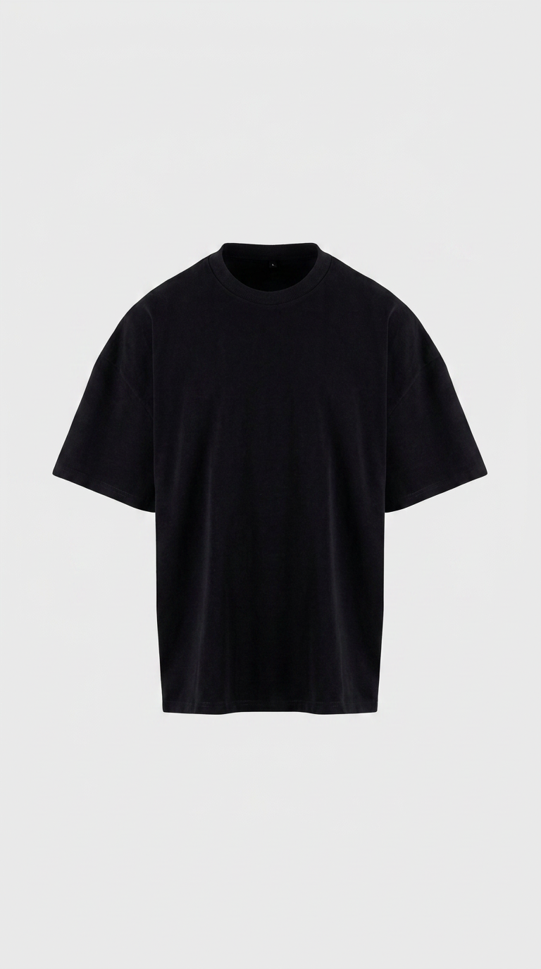 Oversize sort t-shirt med korte ærmer og rund hals på en ensfarvet lys baggrund.