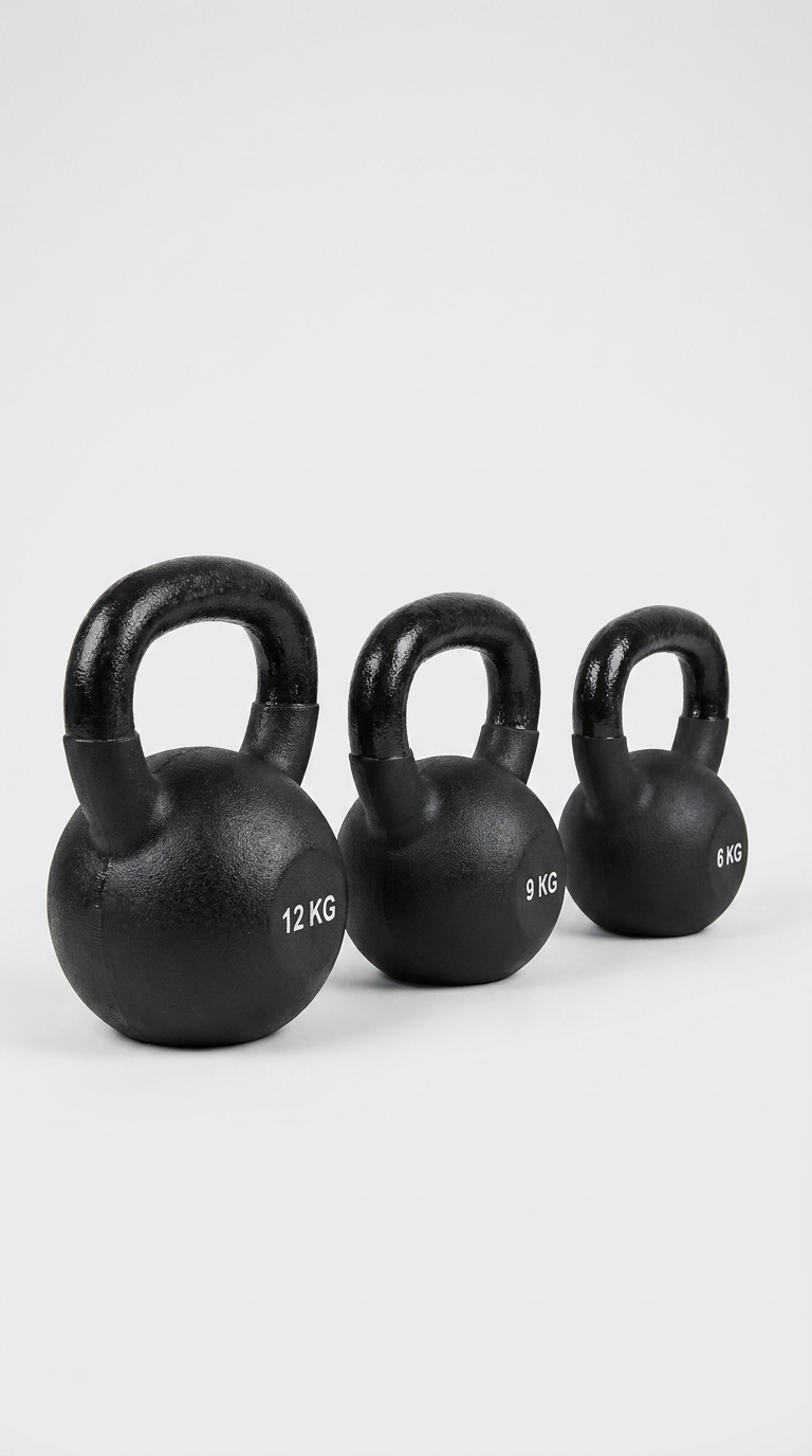 Tre sorte kettlebells på henholdsvis 12 kg, 9 kg og 6 kg opstillet på en hvid baggrund.
