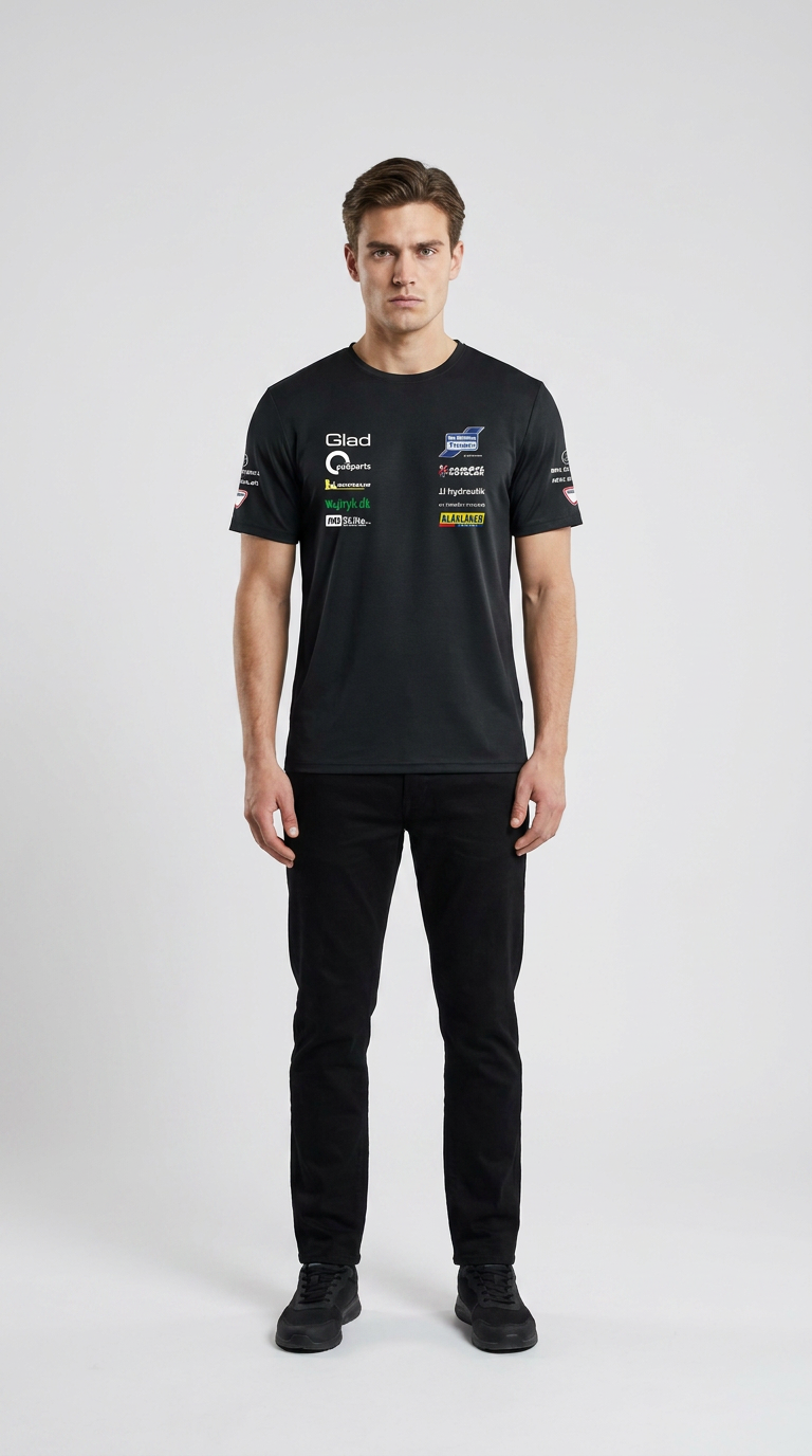 En mand i en sort t-shirt med sponsorlogoer og sorte bukser stående mod en hvid baggrund.