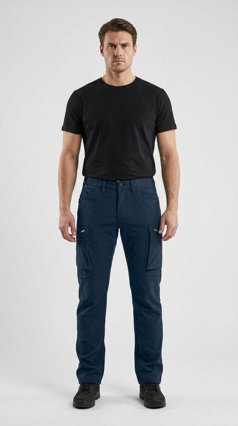 Mand i sort t-shirt og mørkeblå arbejdsbukser med lommer på en hvid baggrund.