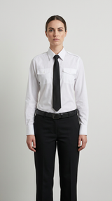 Kvinde i hvid uniformsskjorte med sort slips og sorte bukser mod en grå baggrund.