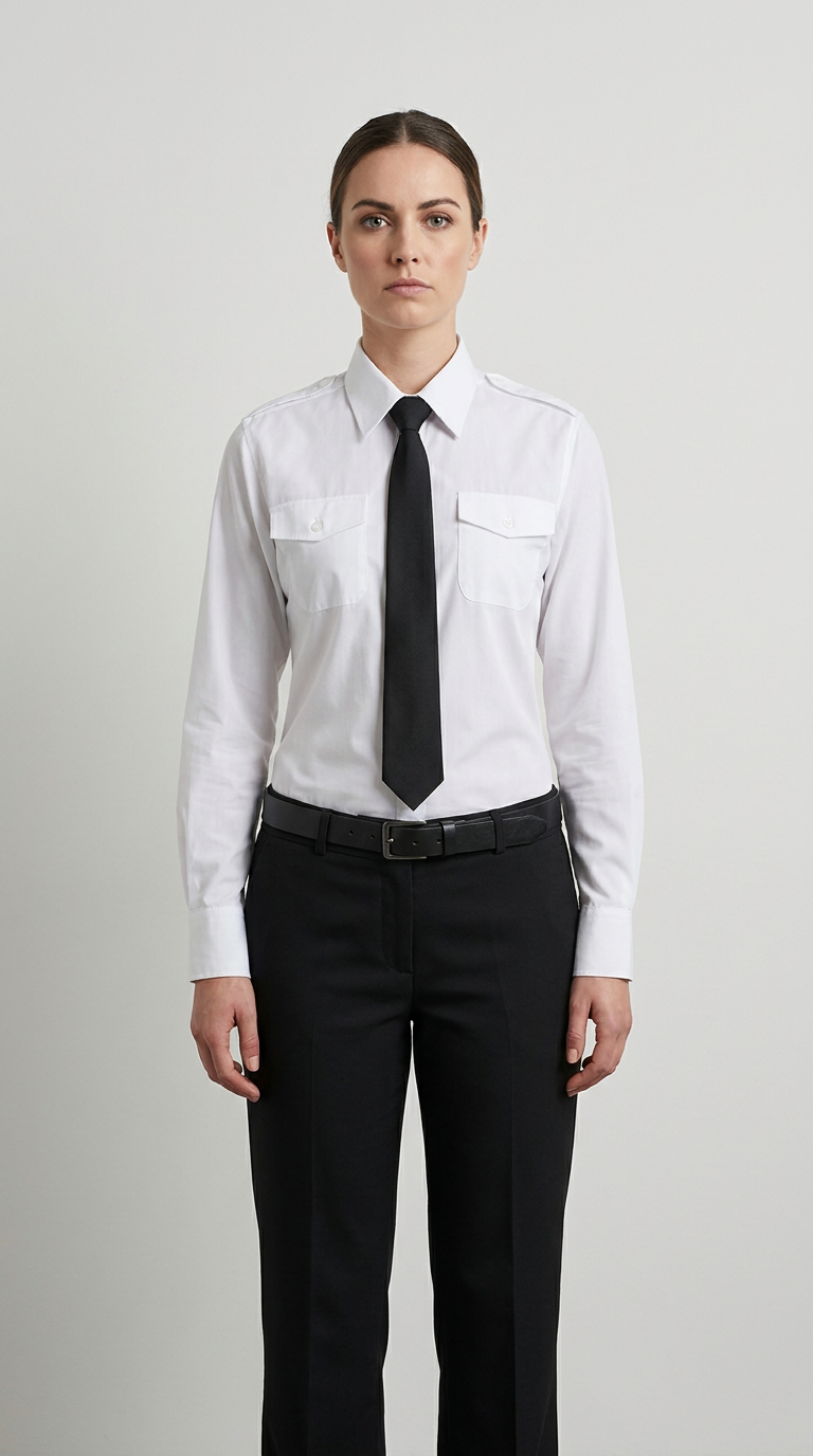 Kvinde i hvid uniformsskjorte med sort slips og sorte bukser mod en grå baggrund.