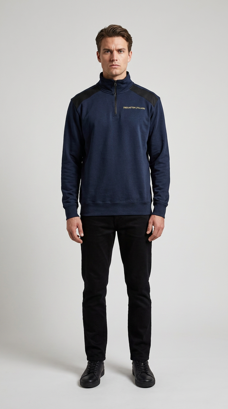 Mand i mørkeblå half-zip sweatshirt med sorte skulderpartier og sorte bukser mod en grå baggrund.