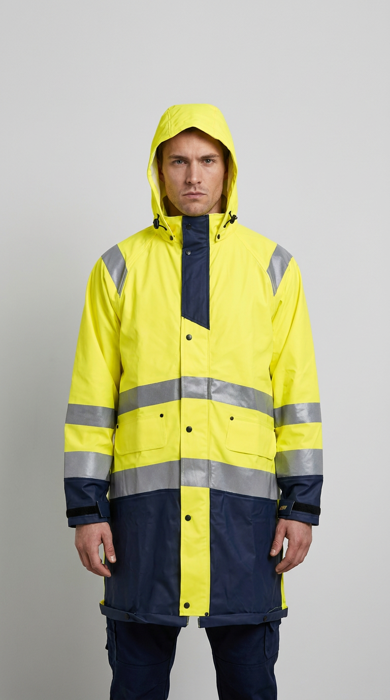 Mand i gul og mørkeblå high-vis regnjakke med refleksstriber og hætte.