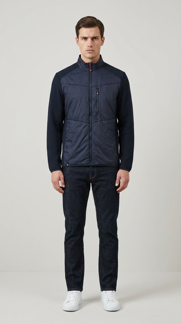 Mand i mørkeblå hybridjakke, mørke jeans og hvide sneakers mod en lys baggrund.
