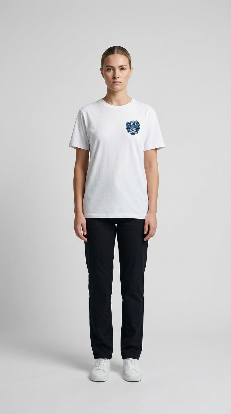 Kvinde iført hvid t-shirt med blåt logo, sorte bukser og hvide sneakers på en grå baggrund.