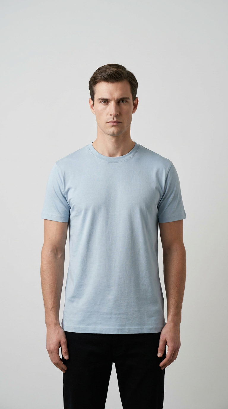 Mand i lyseblå t-shirt og sorte bukser mod en neutral grå baggrund.