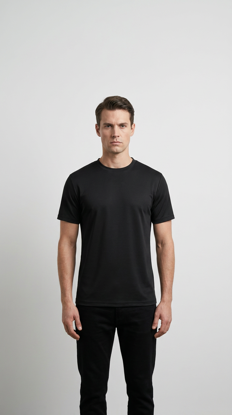 Mand i sort t-shirt og sorte bukser foran en lys grå baggrund.