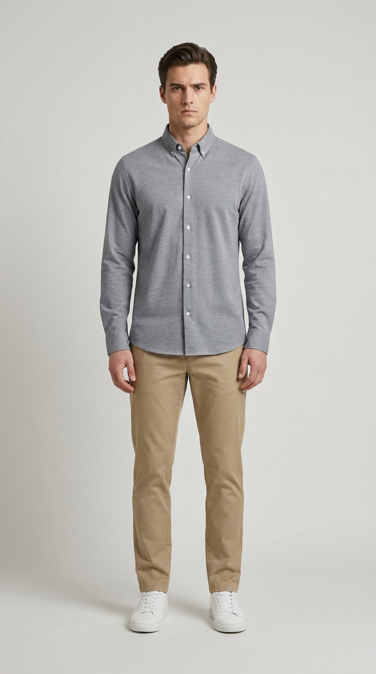 Mand i grå button-down skjorte, beige chinos og hvide sneakers på en hvid baggrund.
