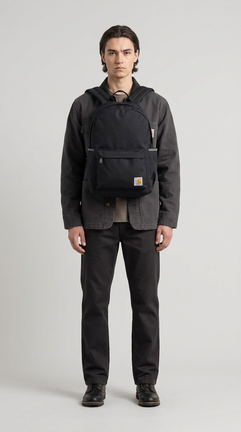 Mand iført en sort Carhartt-rygsæk på brystet, mørk jakke og bukser mod en neutral grå baggrund.
