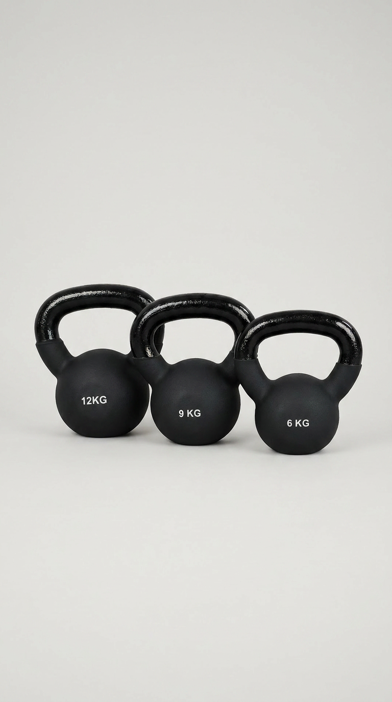 Tre sorte kettlebells på 12 kg, 9 kg og 6 kg opstillet på en lys baggrund.