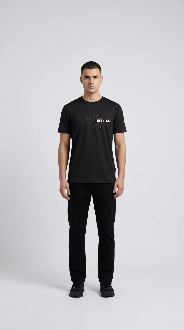Mand i sort t-shirt med grafisk "BI + LL" logo og sorte bukser på en lys baggrund.
