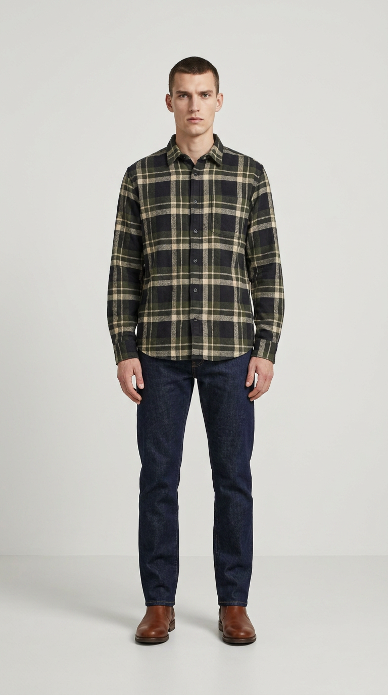 Mand i grøn- og sortternet flannelsskjorte, mørkeblå jeans og brune støvler mod en grå baggrund.