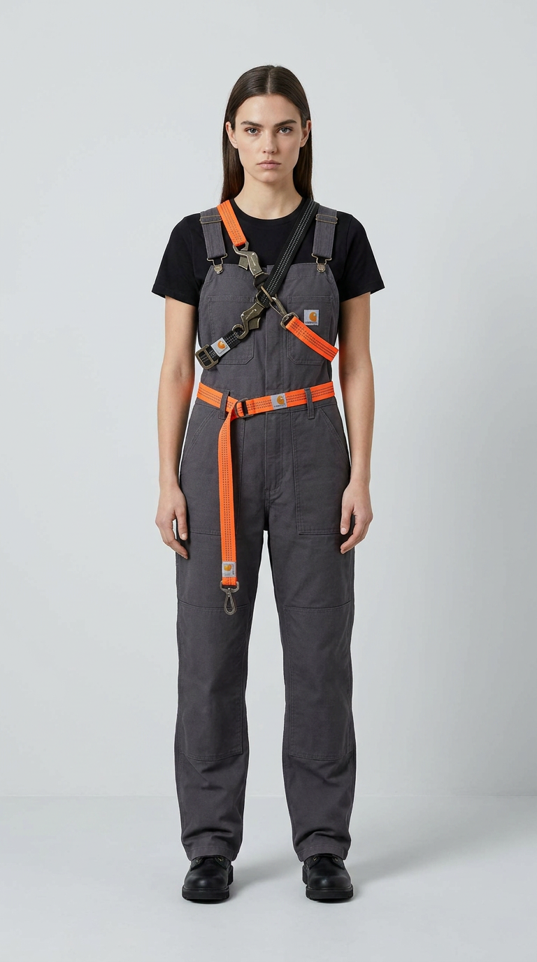 Kvinde i grå Carhartt-overalls med orange remme og en sort t-shirt mod en lys baggrund.