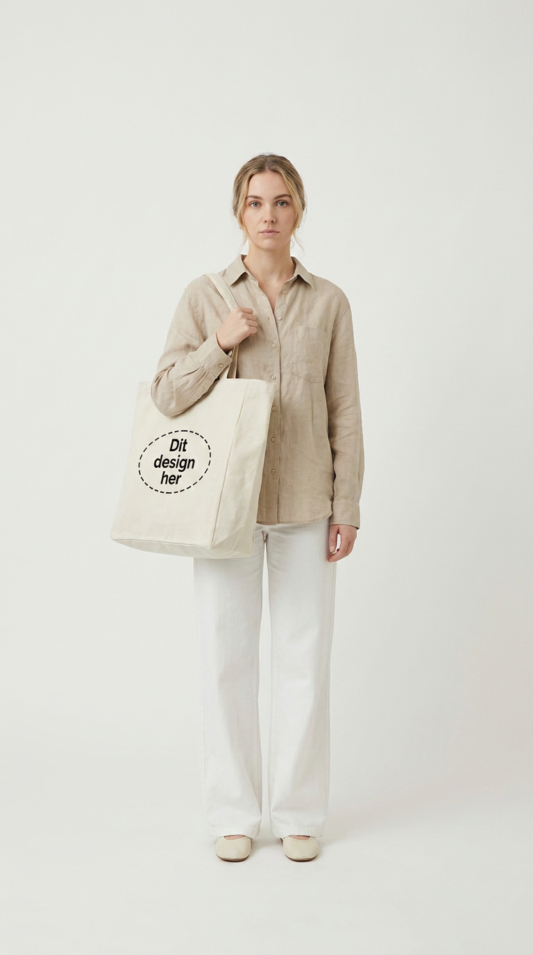 Kvinde i beige skjorte og hvide bukser med en mulepose med teksten 'Dit design her' på hvid baggrund.