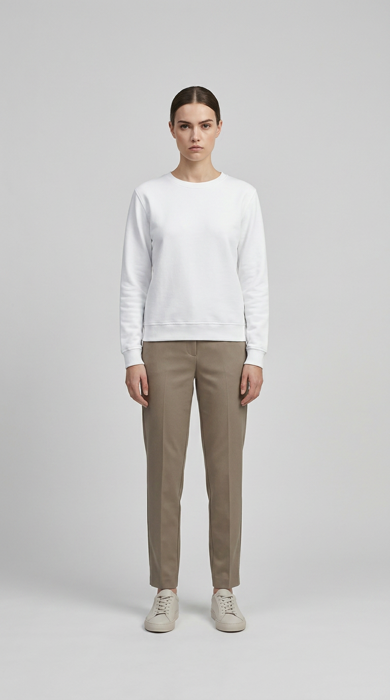 Kvinde iført hvid sweatshirt, beige bukser og lyse sneakers mod en grå baggrund.