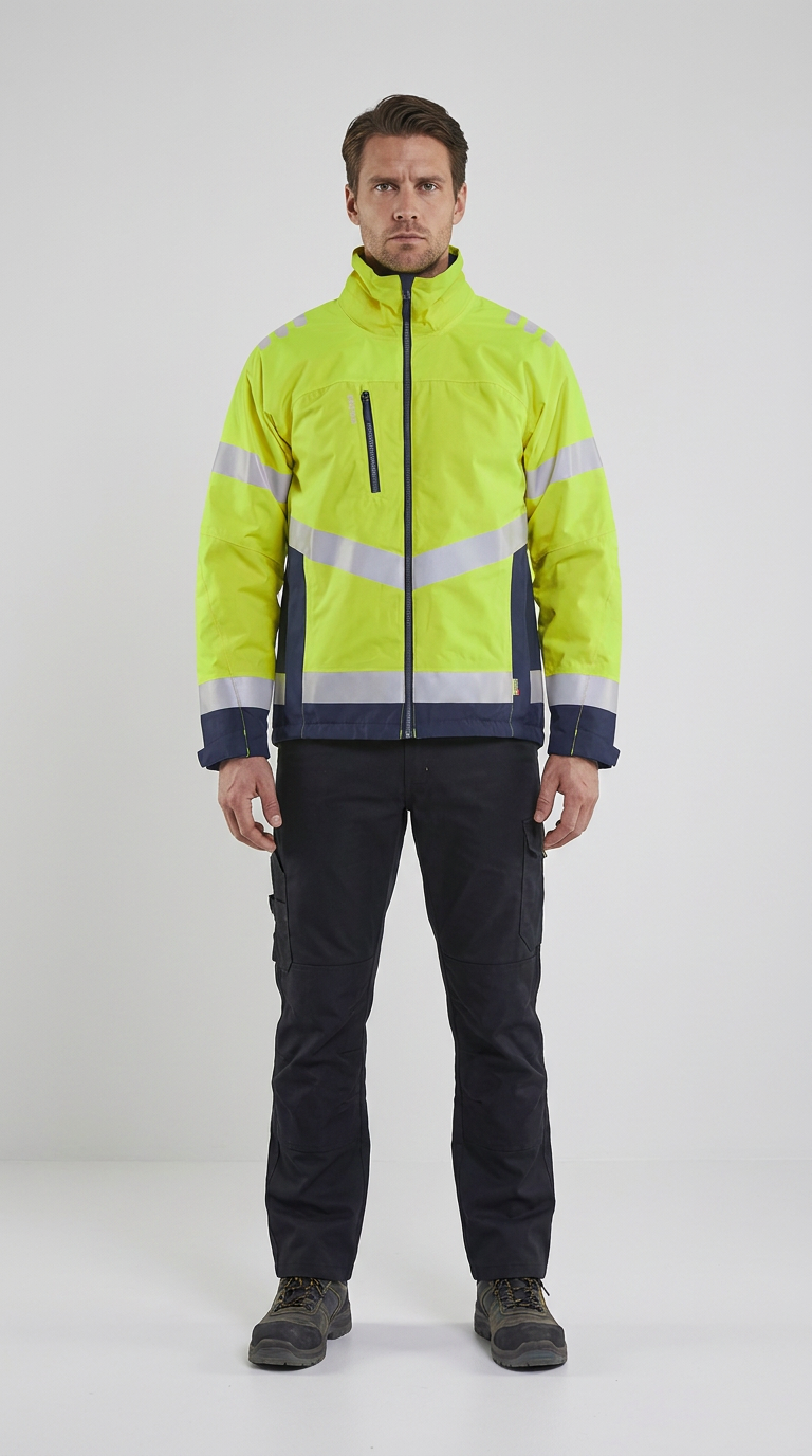 Mand i gul high-visibility arbejdsjakke med reflekser og mørke arbejdsbukser på hvid baggrund.