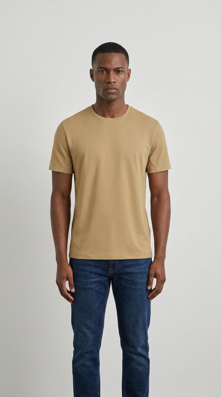 Mand i en beige t-shirt med tekstur og blå jeans mod en lys grå baggrund.