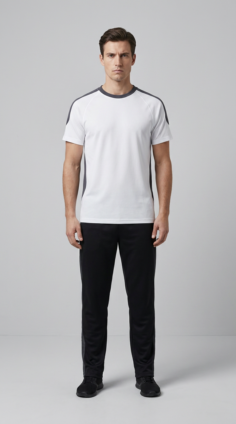 Mand i hvid og grå sports-t-shirt og sorte træningsbukser mod en grå baggrund.