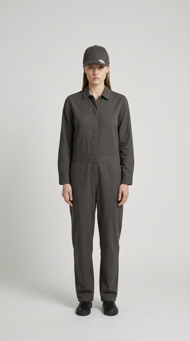 Kvinde i mørkegrå langærmet jumpsuit og matchende kasket mod en lys grå baggrund.
