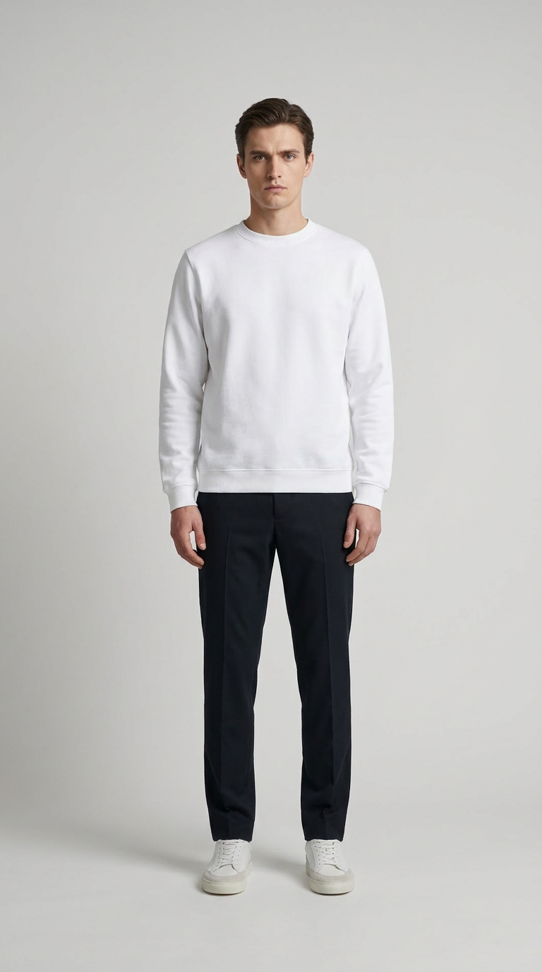 Mand i hvid sweatshirt, mørke bukser og hvide sneakers mod en neutral baggrund.