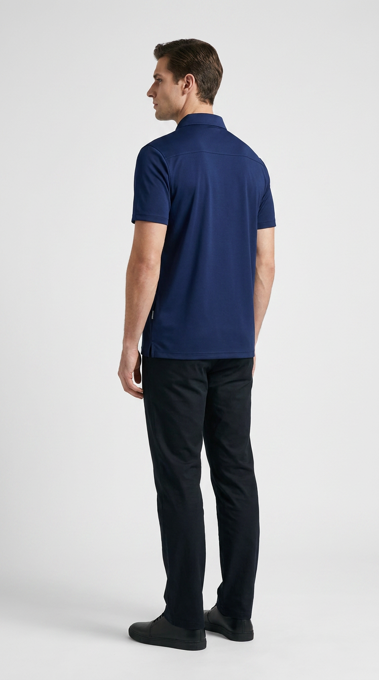 Mand set bagfra iført en mørkeblå polo shirt og sorte bukser mod en hvid baggrund.