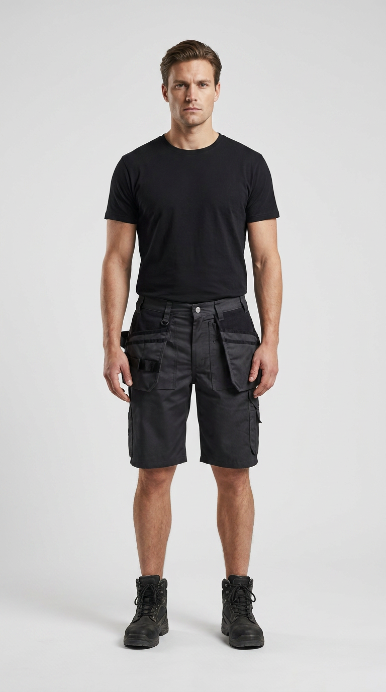 Mand i sort t-shirt, sorte arbejdsshorts med værktøjslommer og sorte arbejdsstøvler på hvid baggrund.