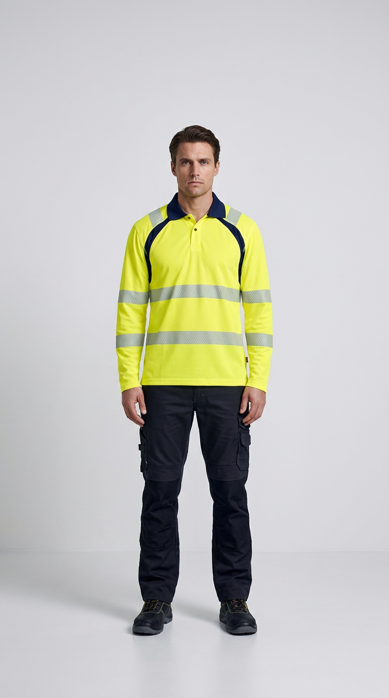 Mand i gul high-visibility langærmet polo med reflekser og mørkeblå arbejdsbukser.