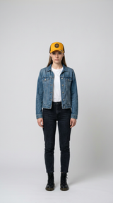 Ung kvinde i gul trucker-kasket, blå denimjakke og sorte jeans stående foran en grå baggrund.