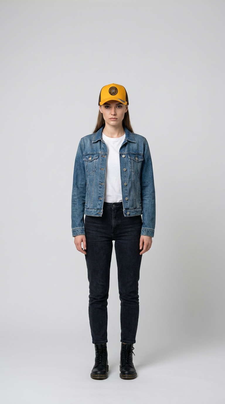 Ung kvinde i gul trucker-kasket, blå denimjakke og sorte jeans stående foran en grå baggrund.