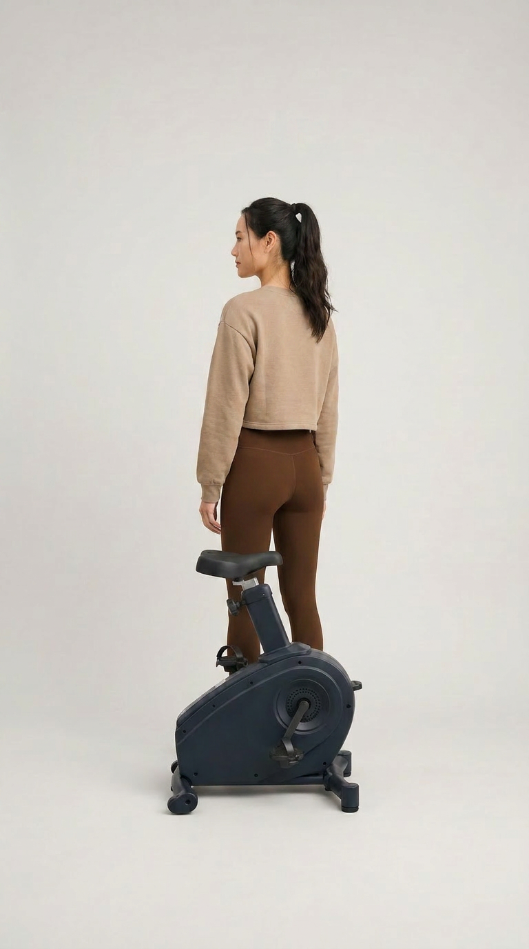 Kvinde i beige sweatshirt og brune leggings står bag en sort motionscykel mod en lys baggrund.