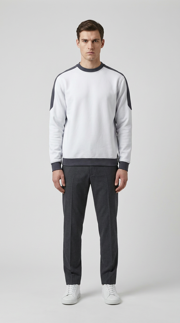 Mand iført hvid sweatshirt med grå paneler, mørkegrå bukser og hvide sneakers på grå baggrund.