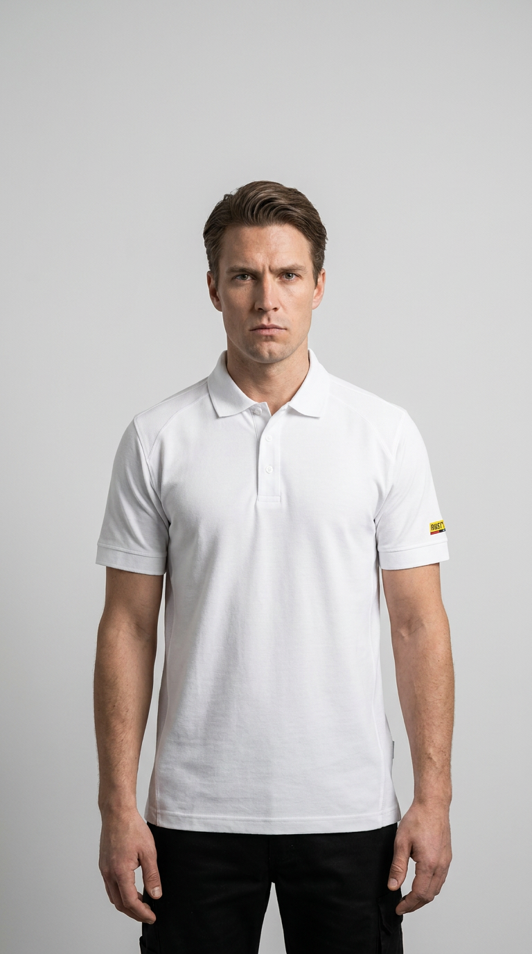 Mand i en hvid kortærmet poloshirt og sorte bukser foran en lysegrå baggrund.