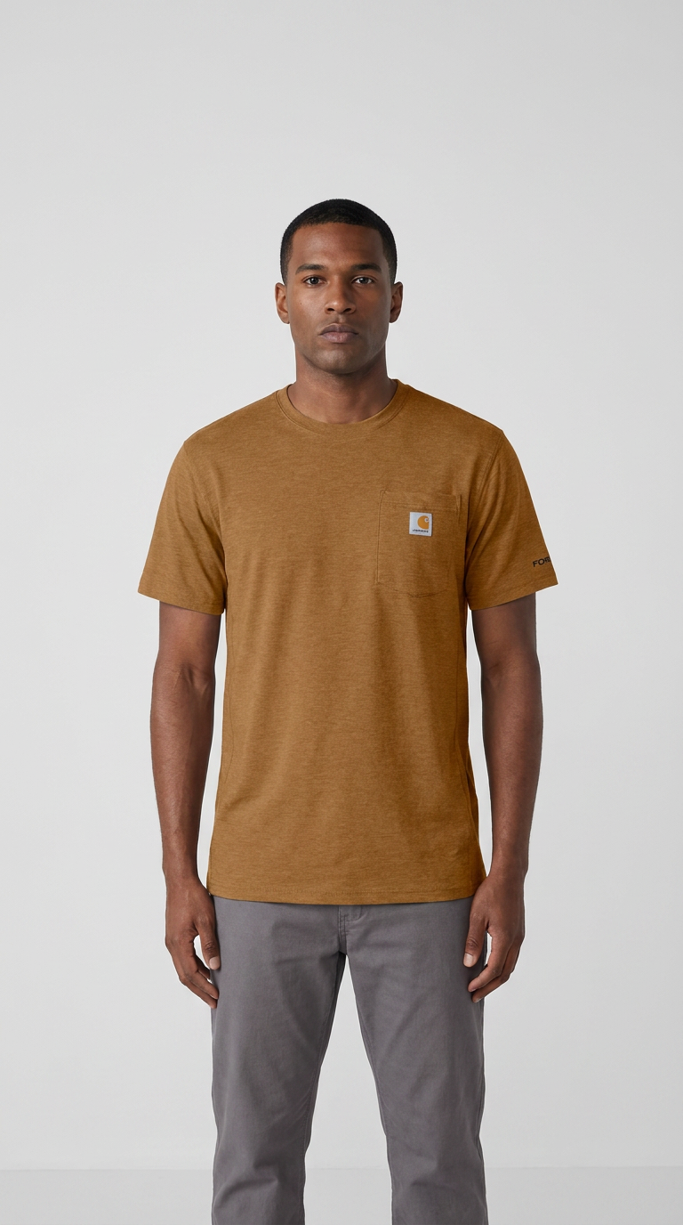 Mand i en okkergul Carhartt t-shirt med brystlomme og grå bukser mod en hvid baggrund.
