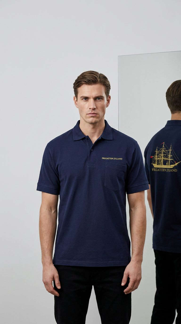 Mand i mørkeblå polo shirt med guld Fregatten Jylland-broderi på brystet og ryggen.
