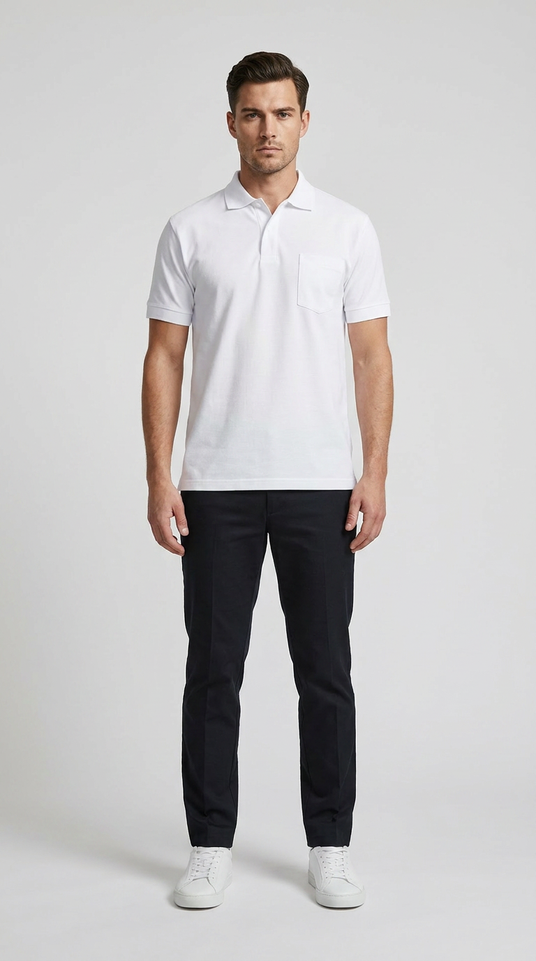 Mand i hvid polo-shirt med brystlomme, mørke bukser og hvide sneakers mod en lys grå baggrund.