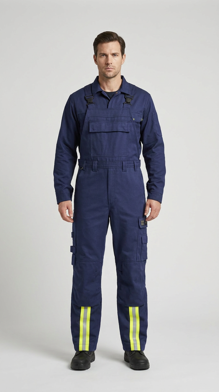 Mand i mørkeblå arbejds-overalls med gule refleksstriber på benene.