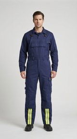Mand i mørkeblå arbejds-overalls med gule refleksstriber på benene.