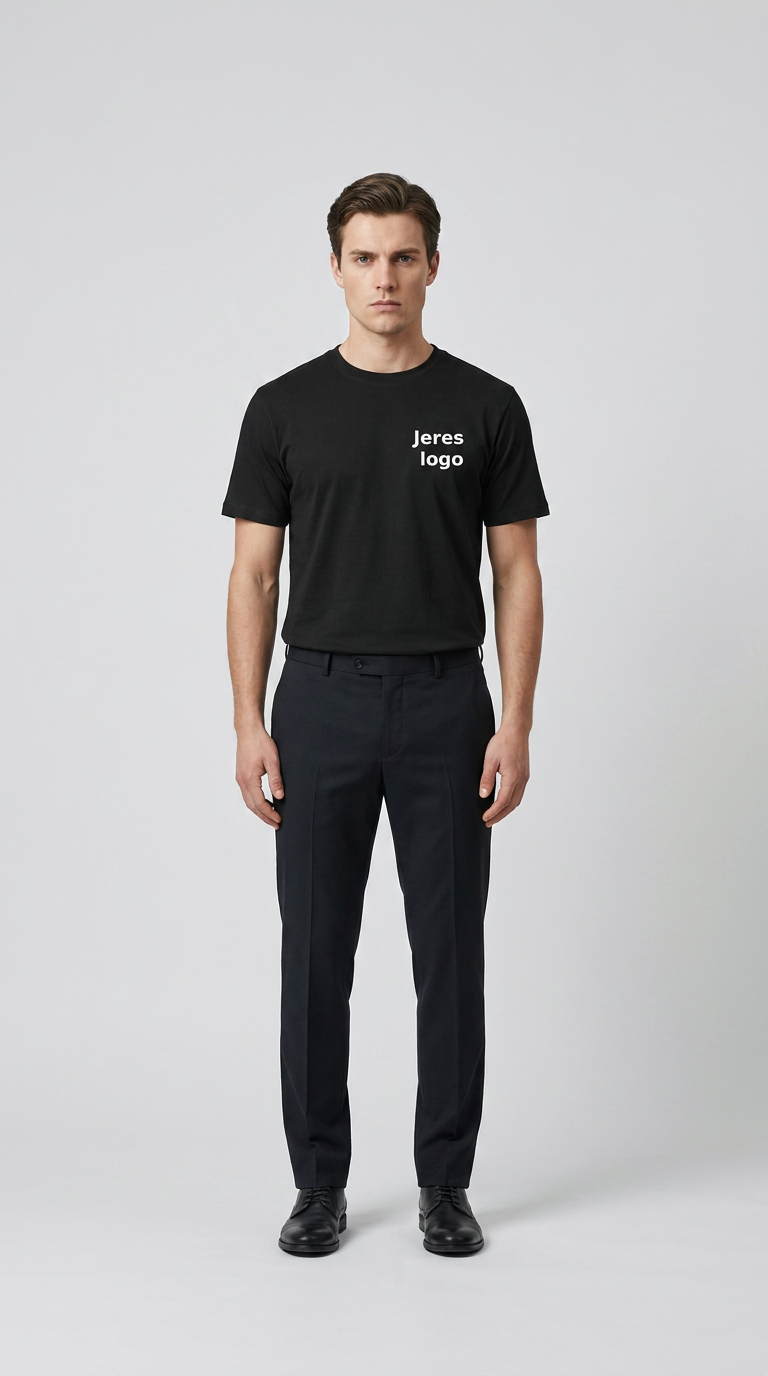 Mand i sort t-shirt med hvid tekst og mørke bukser mod en lys grå baggrund.