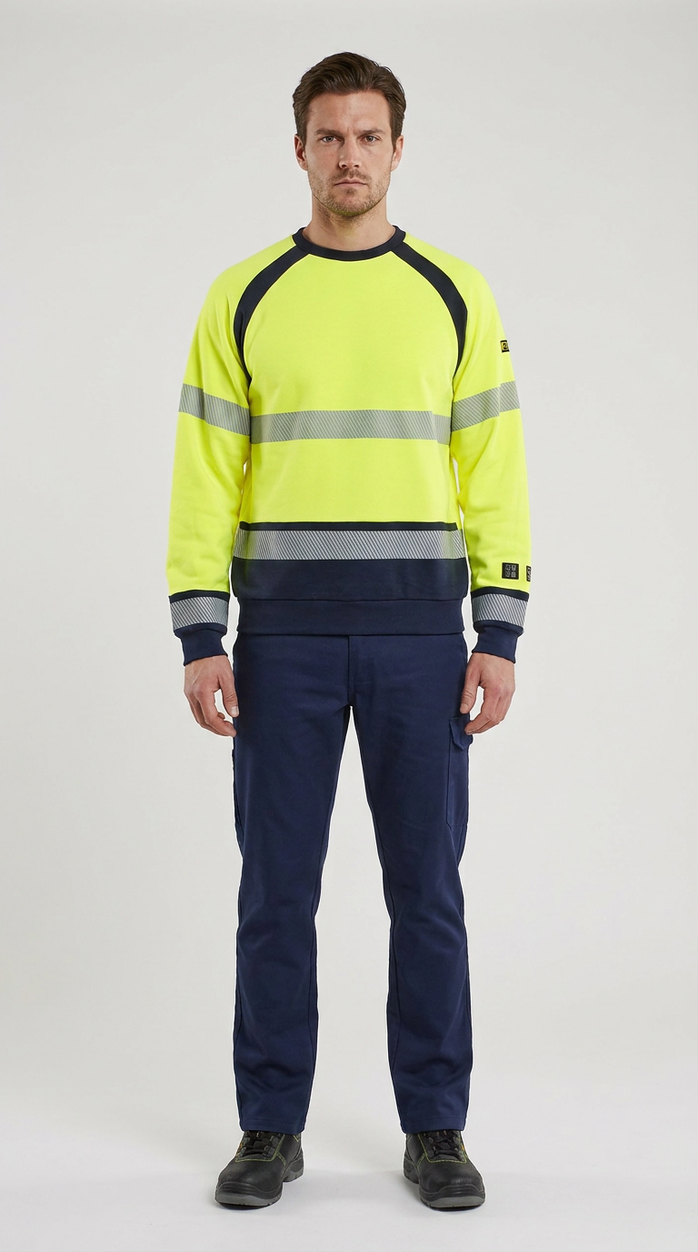 Mand i gul high-vis sweatshirt med refleksstriber og mørkeblå arbejdsbukser mod en hvid baggrund.