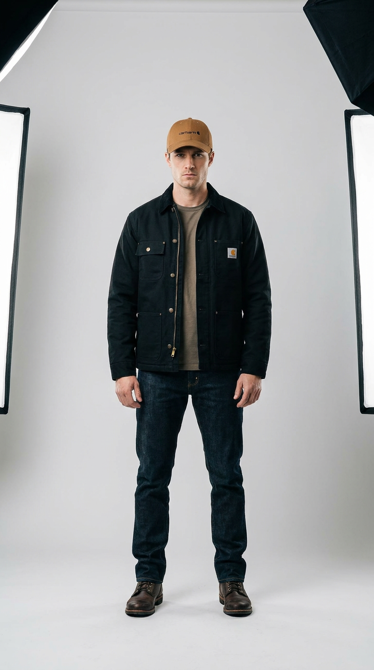 Mand iført sort Carhartt-jakke, brun kasket og mørkeblå jeans i et lyst fotostudie.