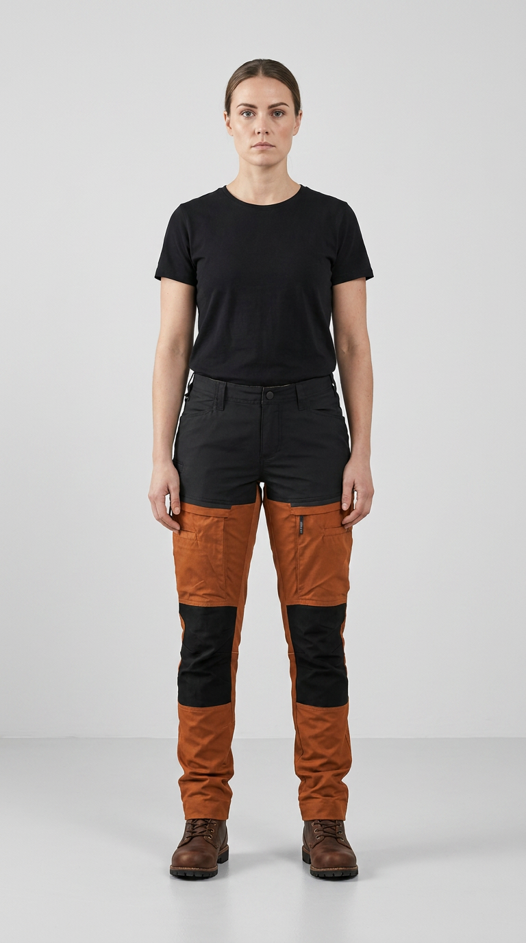 Kvinde i sort t-shirt og orange og sorte outdoorbukser med brune læderstøvler mod en hvid baggrund.