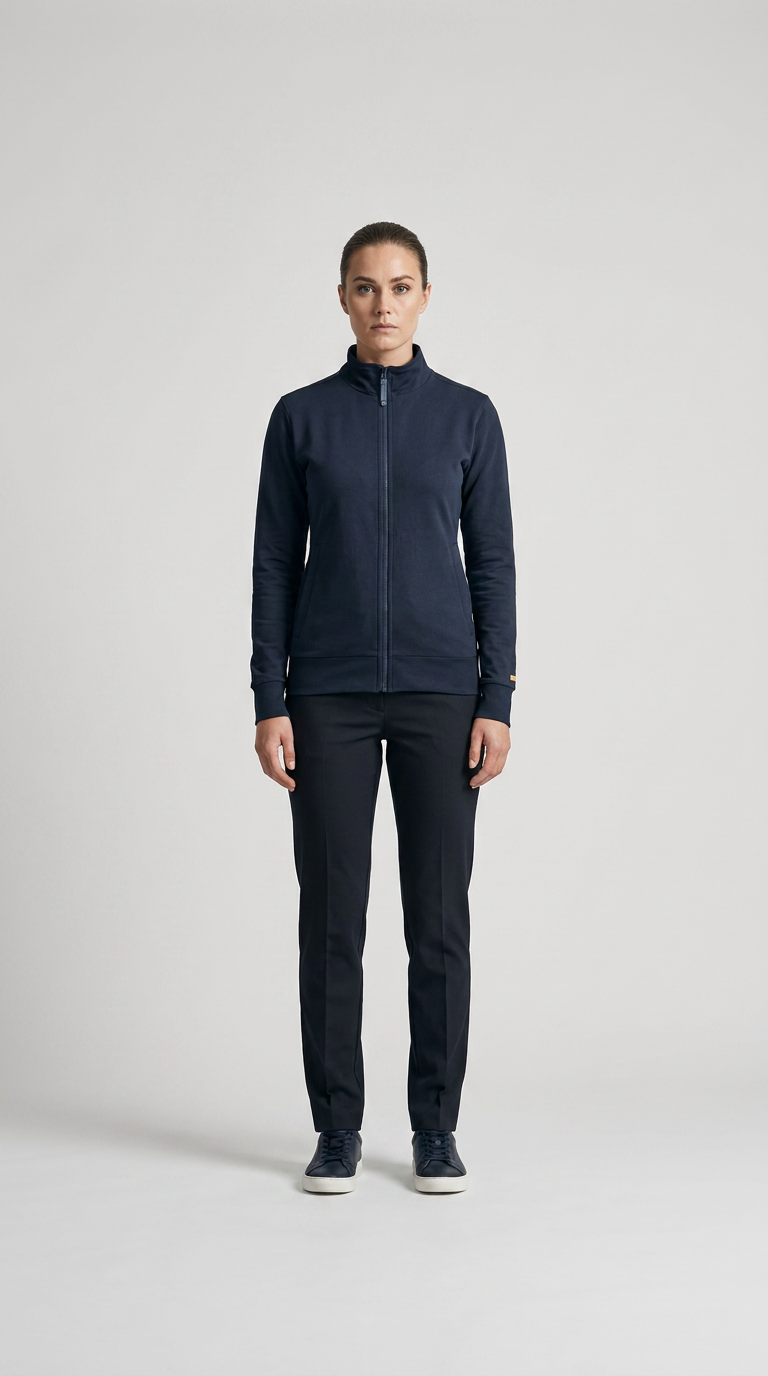 Kvinde i mørkeblå sweatshirt med lynlås og mørke bukser mod en lys grå baggrund.