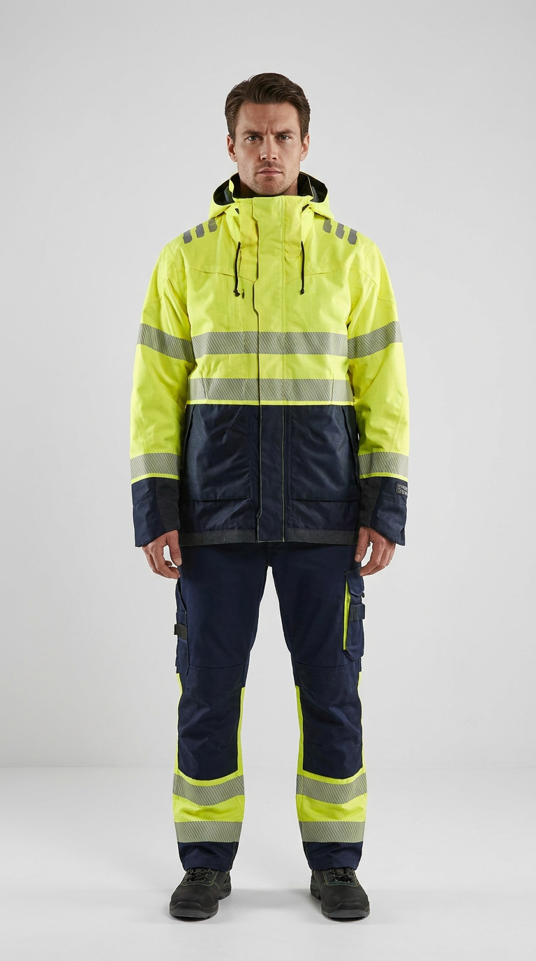 Mand i gul og marineblå high-visibility arbejdstøj med reflekser på hvid baggrund.