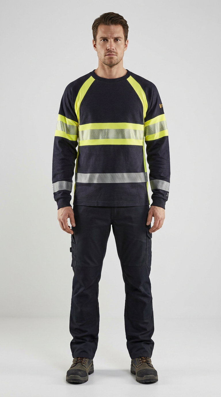 Mand i mørkeblå sweatshirt med gule reflekser og arbejdsbukser foran en lys baggrund.