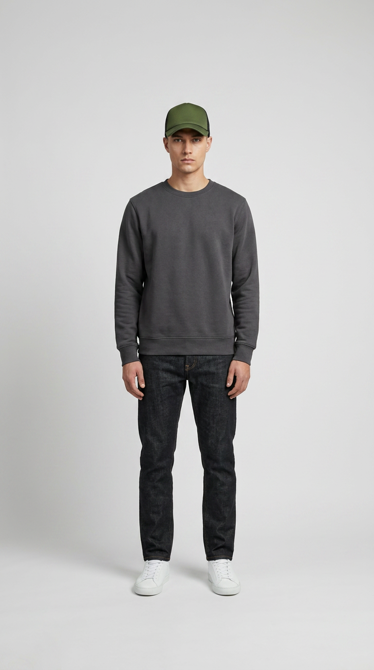 Mand i mørkegrå sweatshirt, mørke jeans, hvide sneakers og en grøn kasket mod en lys baggrund.