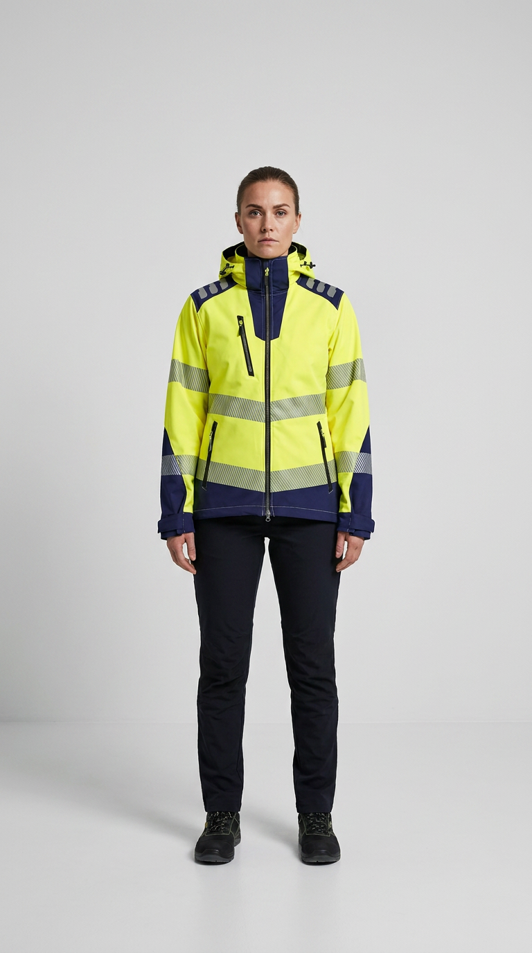 Kvinde i gul og mørkeblå sikkerhedsjakke med reflekser og mørke arbejdsbukser på en grå baggrund.